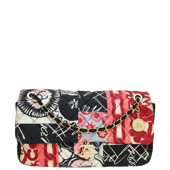 Chanel Black Multicolor Fabric Patchwork Flap Bag