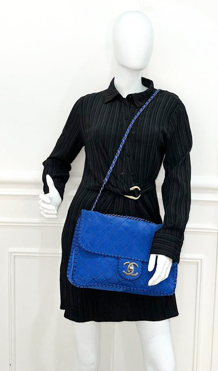 Chanel Royal Blue Suede Whipstitch Flap Jumbo Bag