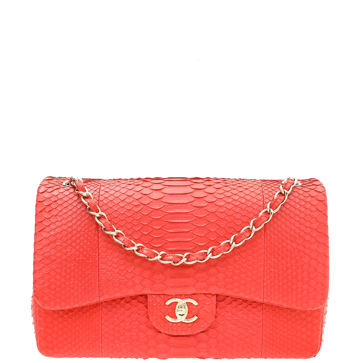 Chanel Red Python Classic Double Flap Jumbo Bag