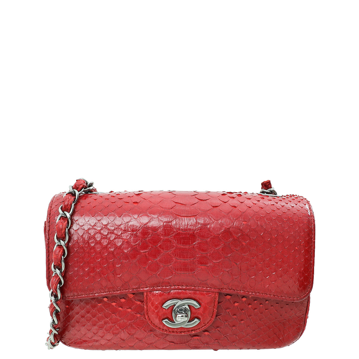 Chanel Red Classic Python Mini Rectangular Flap Bag