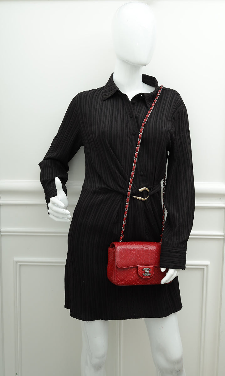 Chanel Red Classic Python Mini Rectangular Flap Bag