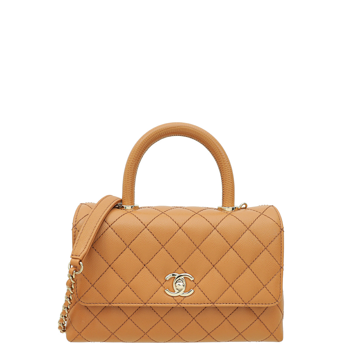 Chanel Caramel Brown CC Coco Lizard Handle Small Bag