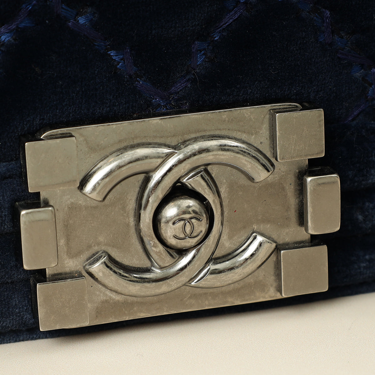 Chanel Navy Blue Velvet Stitched Boy Medium Flap Bag-Chanel-THE CLOSET