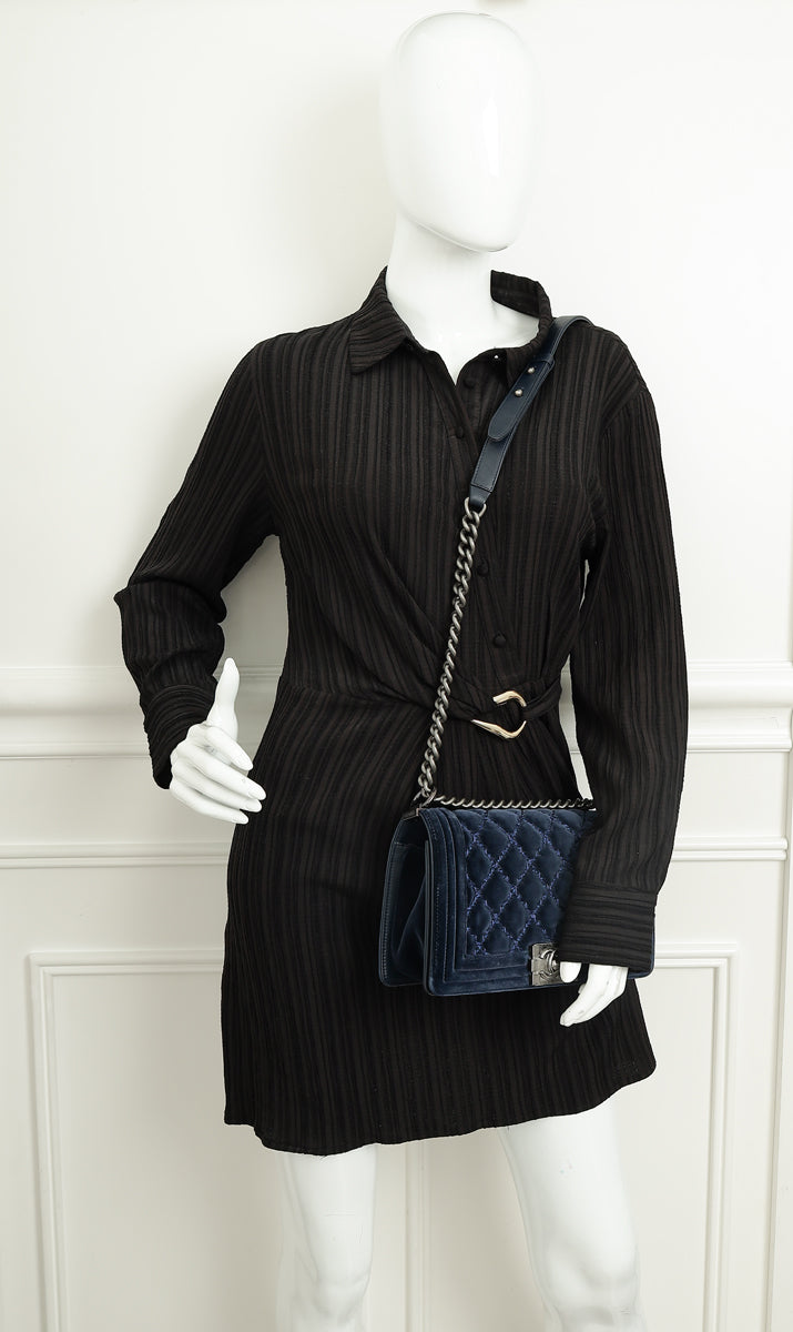 Chanel Navy Blue Velvet Stitched Boy Medium Flap Bag-Chanel-THE CLOSET