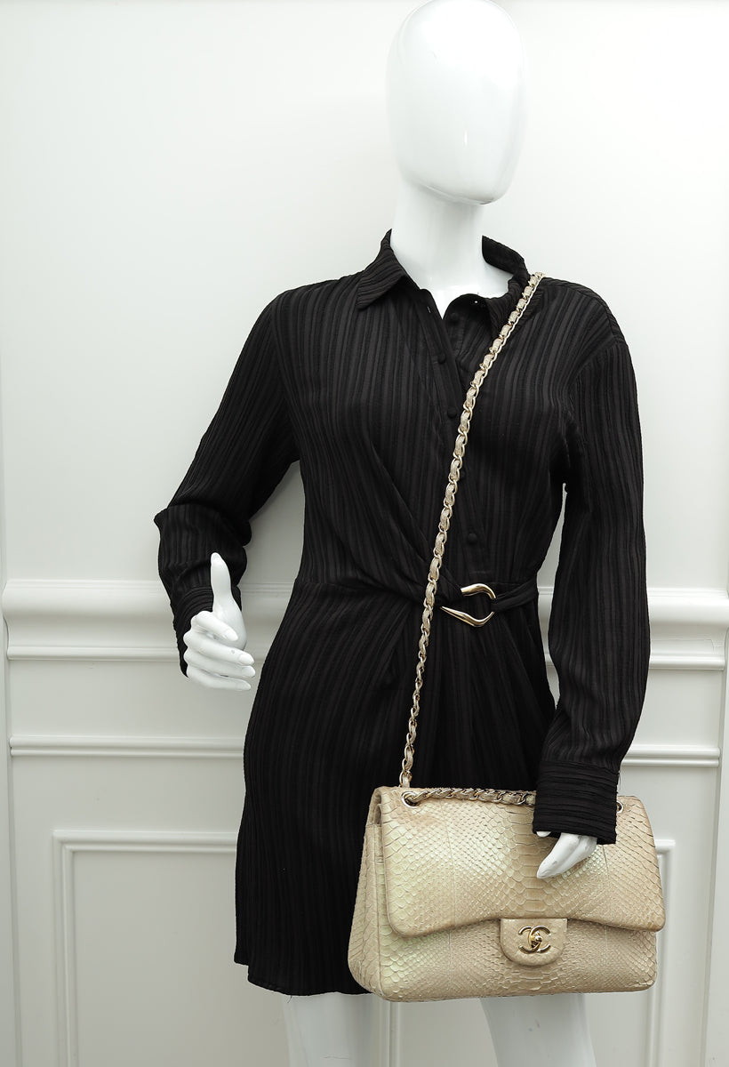 Chanel Pearl Beige Python CC Classic Double Flap Jumbo Bag