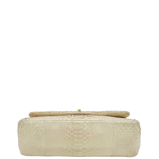 Load image into Gallery viewer, Chanel Pearl Beige Python CC Classic Double Flap Jumbo Bag
