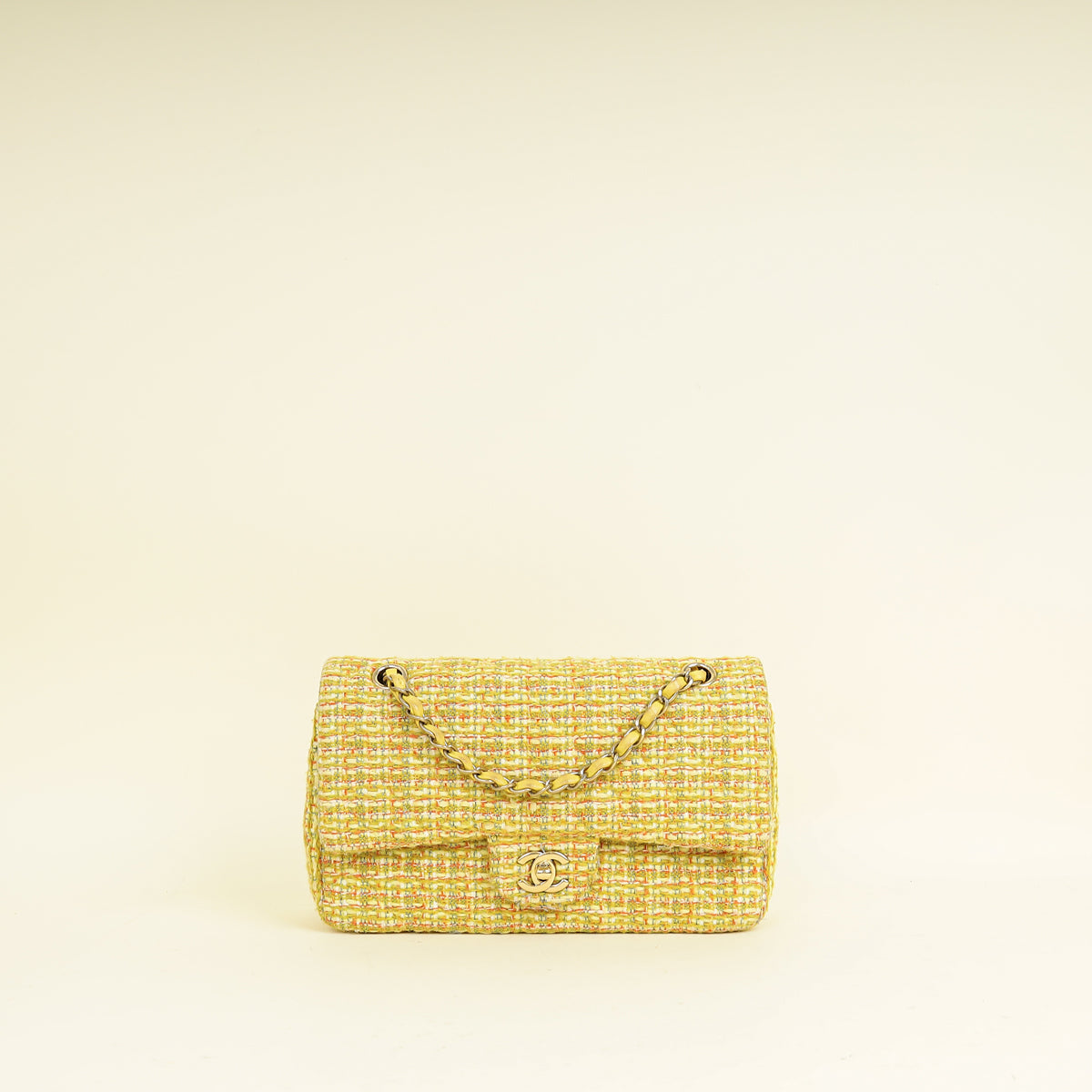 Chanel Yellow CC Classic Tweed Double Flap Medium Bag