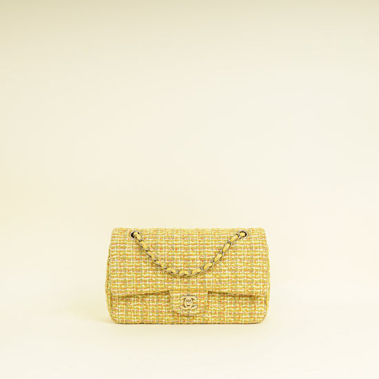Chanel Yellow CC Classic Tweed Double Flap Medium Bag