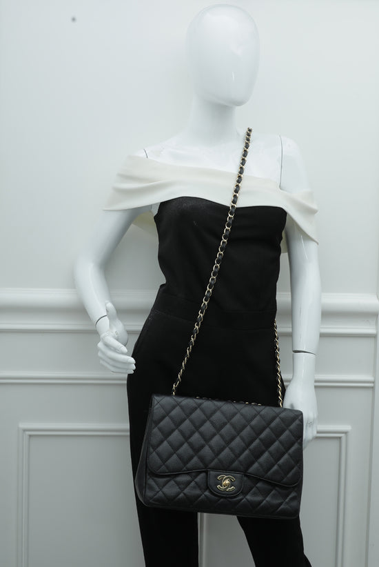 Chanel Vintage Black Quilted Caviar Jumbo Classic Flap Bag