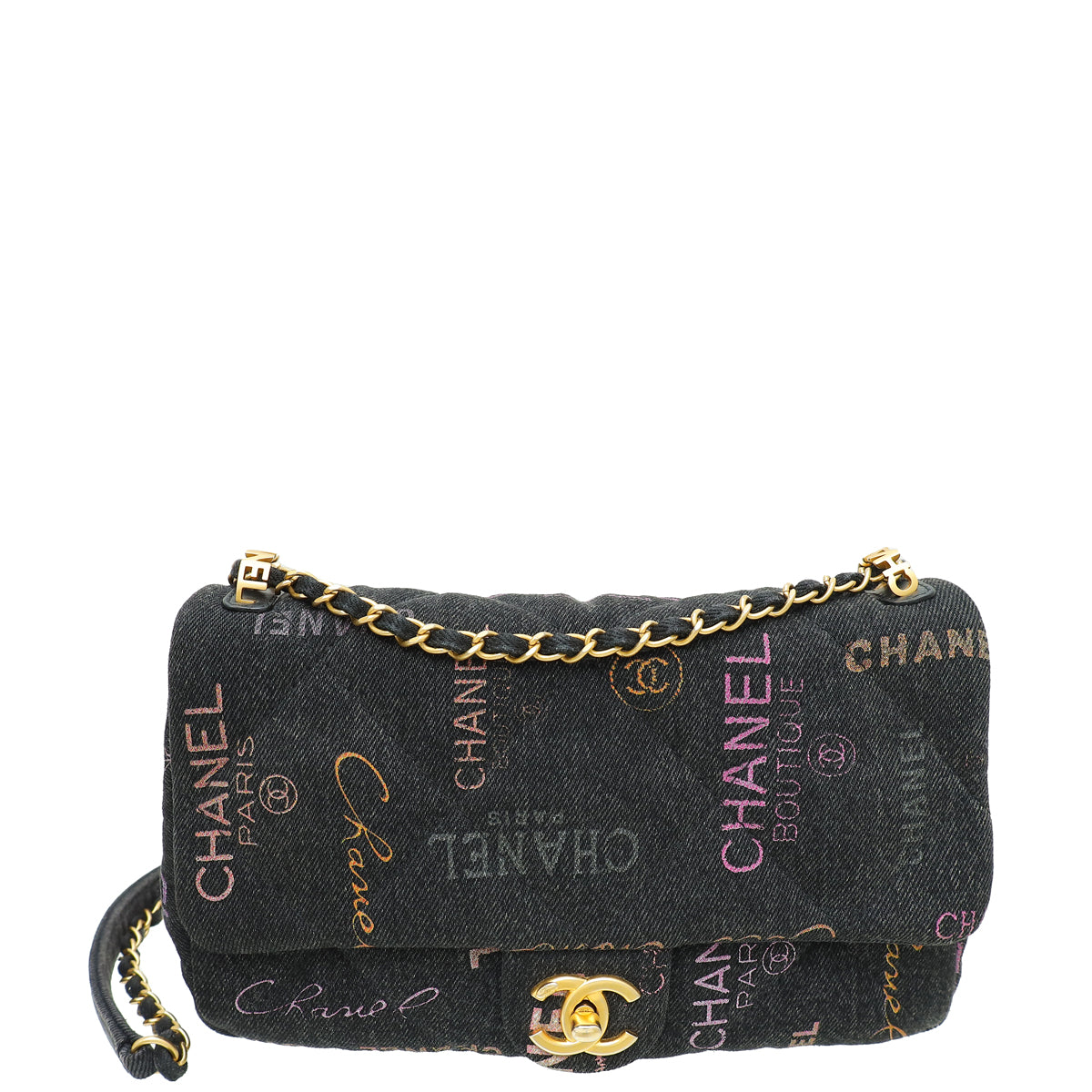 Chanel Black CC Denim Logo Print Small Flap Bag