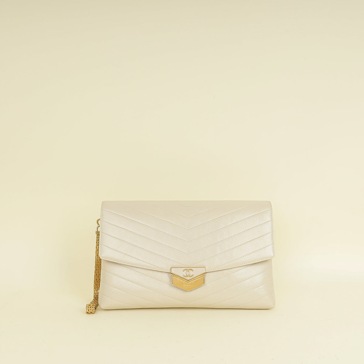 Chanel Light Beige CC Chevron Medal Flap Clutch