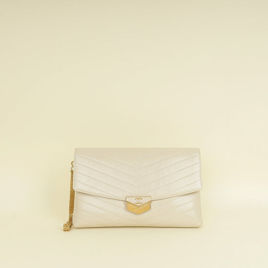 Chanel Light Beige CC Chevron Medal Flap Clutch