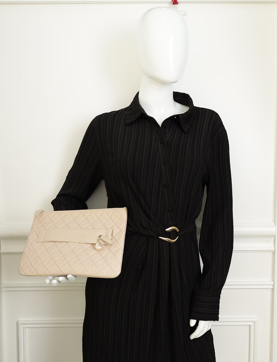 Chanel Beige Pink Logo Night By The C Pouch Clutch