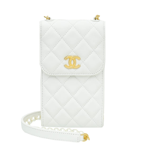 Chanel White CC Pearl Strap Phone Holder