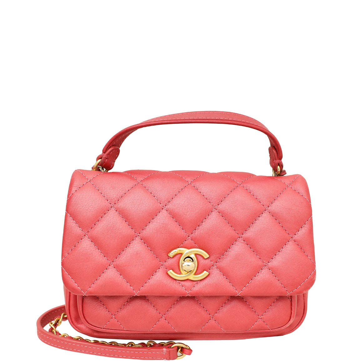 Chanel Dark Coral CC Metallic Quilted Top Handle Mini Flap Bag