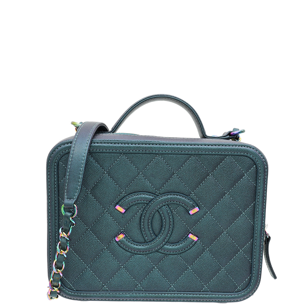 Chanel Metallic Teal Blue CC Filigree Medium Vanity Case