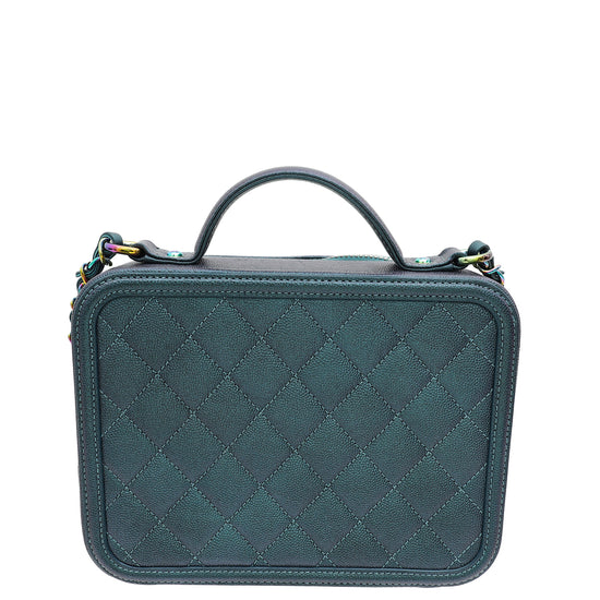 Chanel Metallic Teal Blue CC Filigree Medium Vanity Case