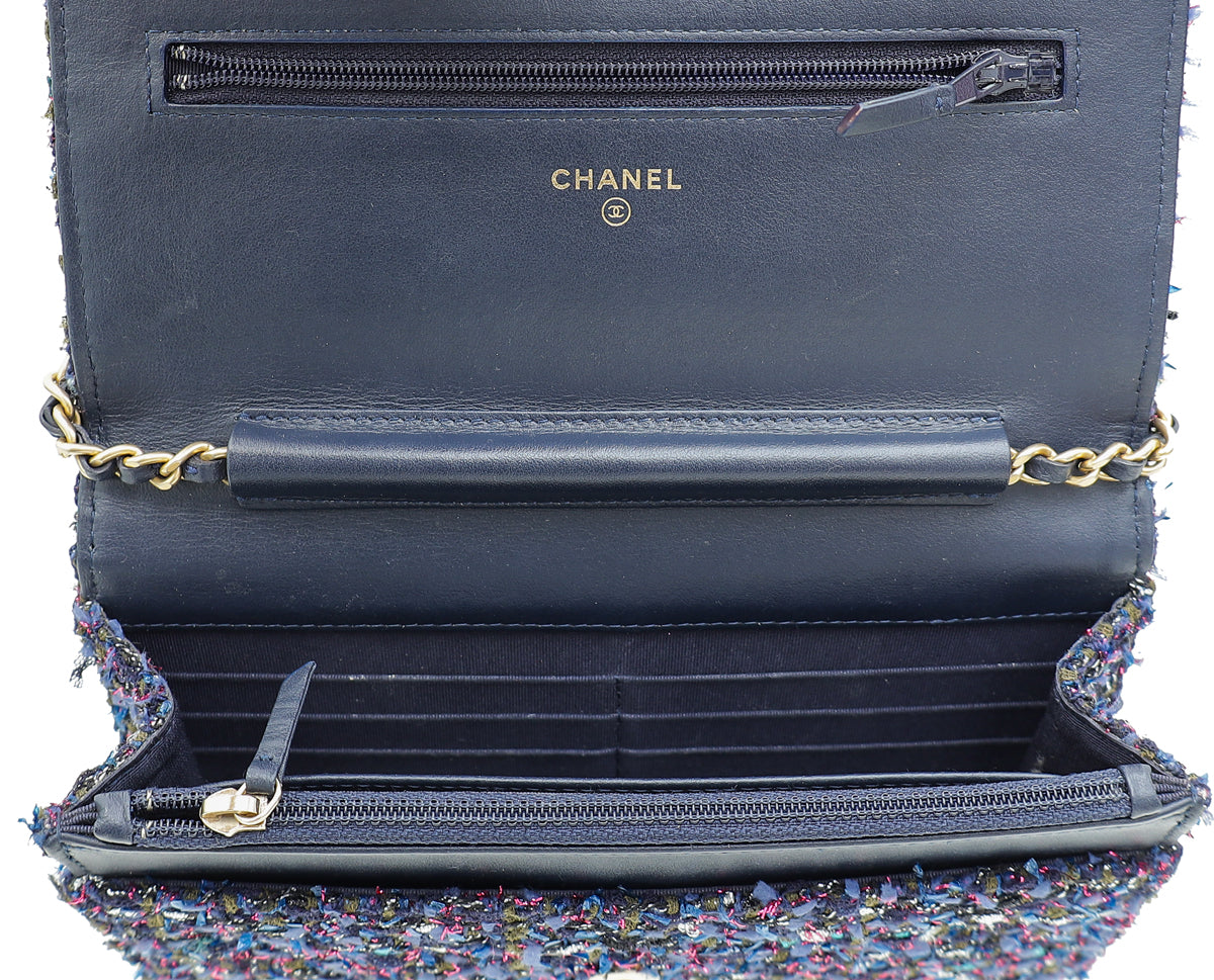 Chanel Navy Blue CC Classic Tweed Charms Wallet On Chain