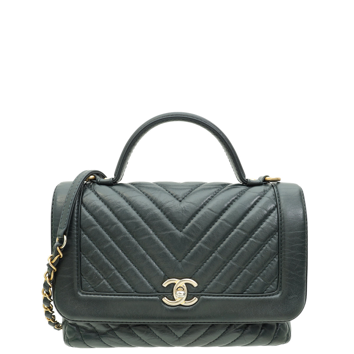 Chanel Dark Green CC Chevron Top Handle Bag