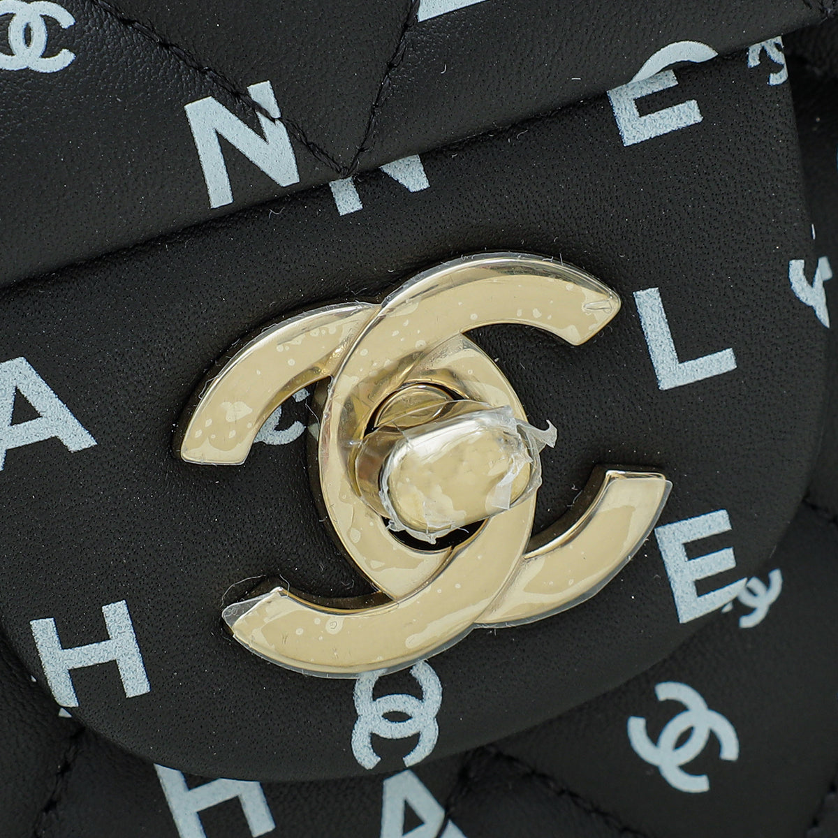 Chanel Black CC Classic 11.12 Letters Print Double Flap Medium Bag