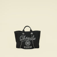Chanel Black CC Deauville Pinstripe Shopping Tote Bag