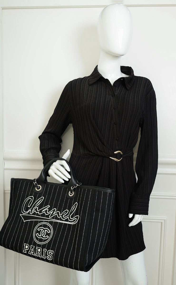 Chanel Black CC Deauville Pinstripe Shopping Tote Bag | Pre-Owned