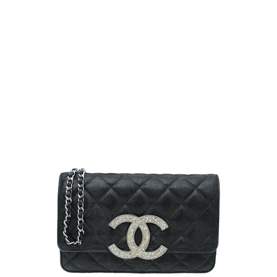Chanel metallic Silver/Black Leather And Canvas Faux Pearl CC