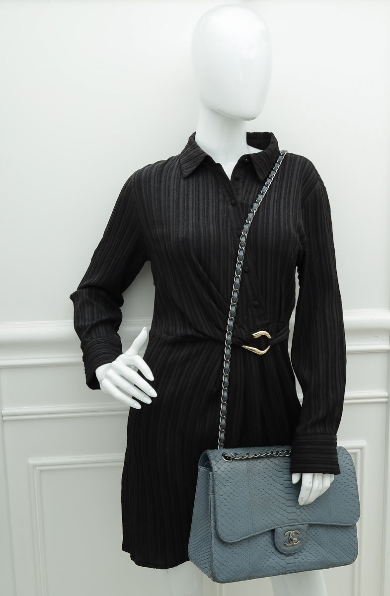 Chanel Bluish Grey Python CC Classic Double Flap Jumbo Bag