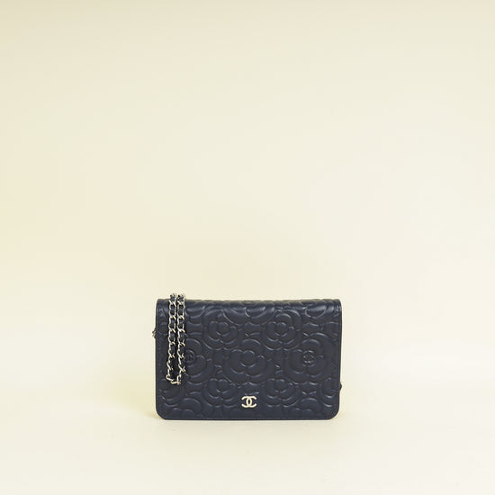 Chanel Navy Blue CC Camellia Flower Wallet On Chain