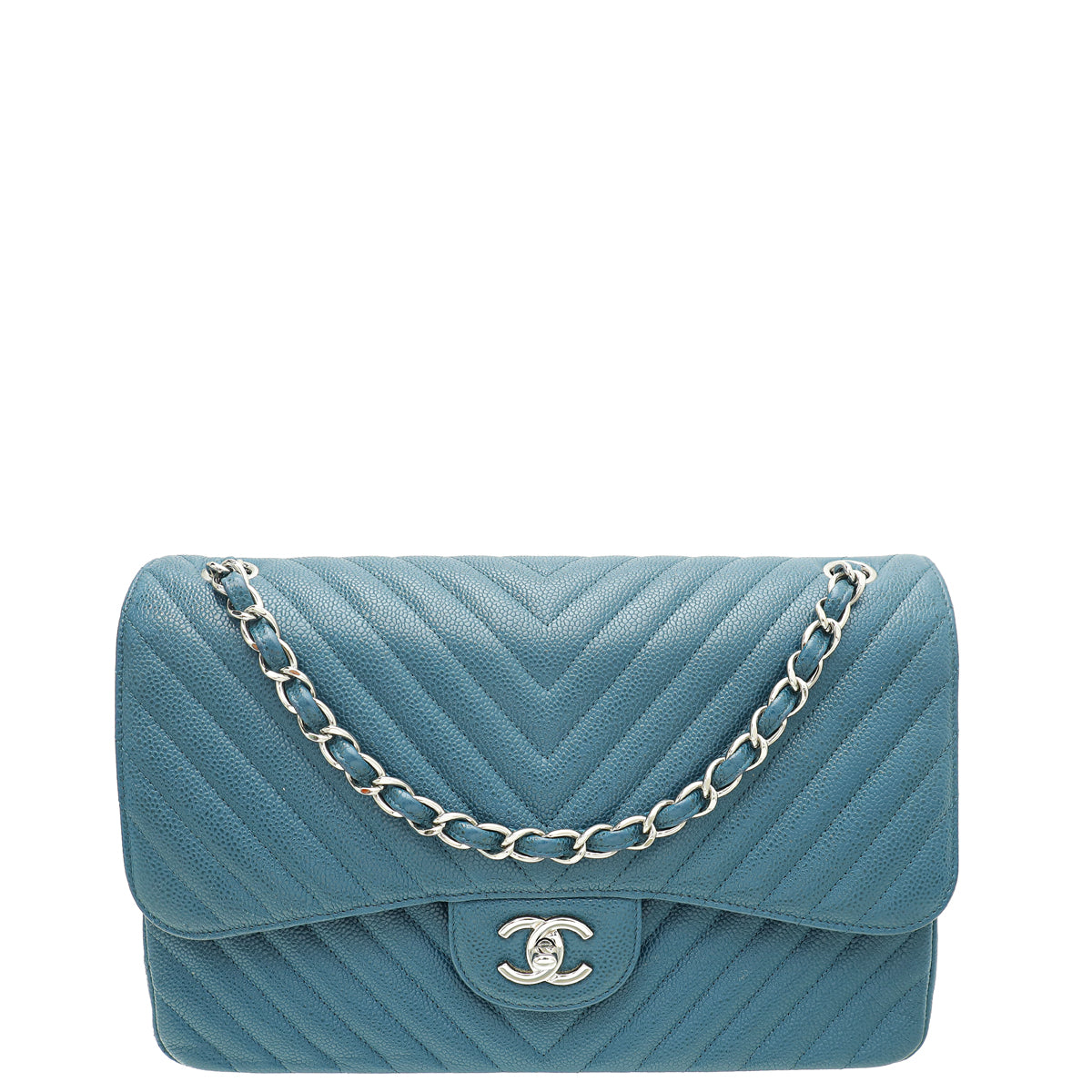 Chanel Teal CC Chevron Double Flap Jumbo Bag-Chanel-THE CLOSET