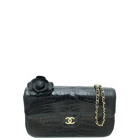 Chanel Black Alligator CC Classic Camellia Flower Mini Bag