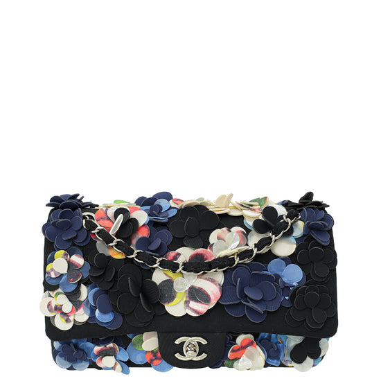 Chanel Black Multicolor Neoprene Camellia Flap Medium Bag