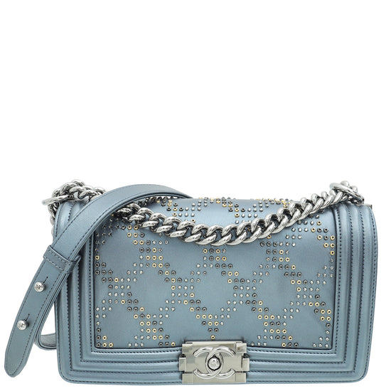 Chanel Metallic Grey Blue Le Boy Embroidered Beads Medium Flap Bag