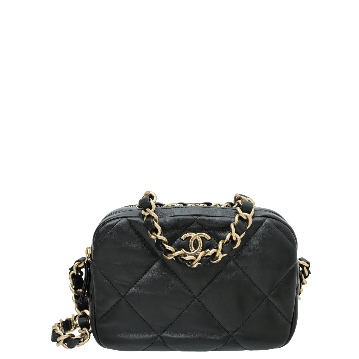 Chanel Black Double Zip Chain Top Handle Camera Bag
