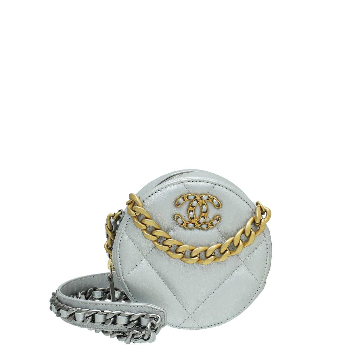 Chanel Metallic Gray 19 Round Mini Clutch w/Chain