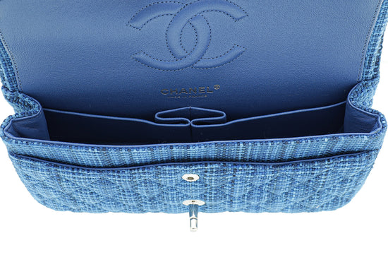 Chanel Blue Tweed Classic Double Flap Medium Bag