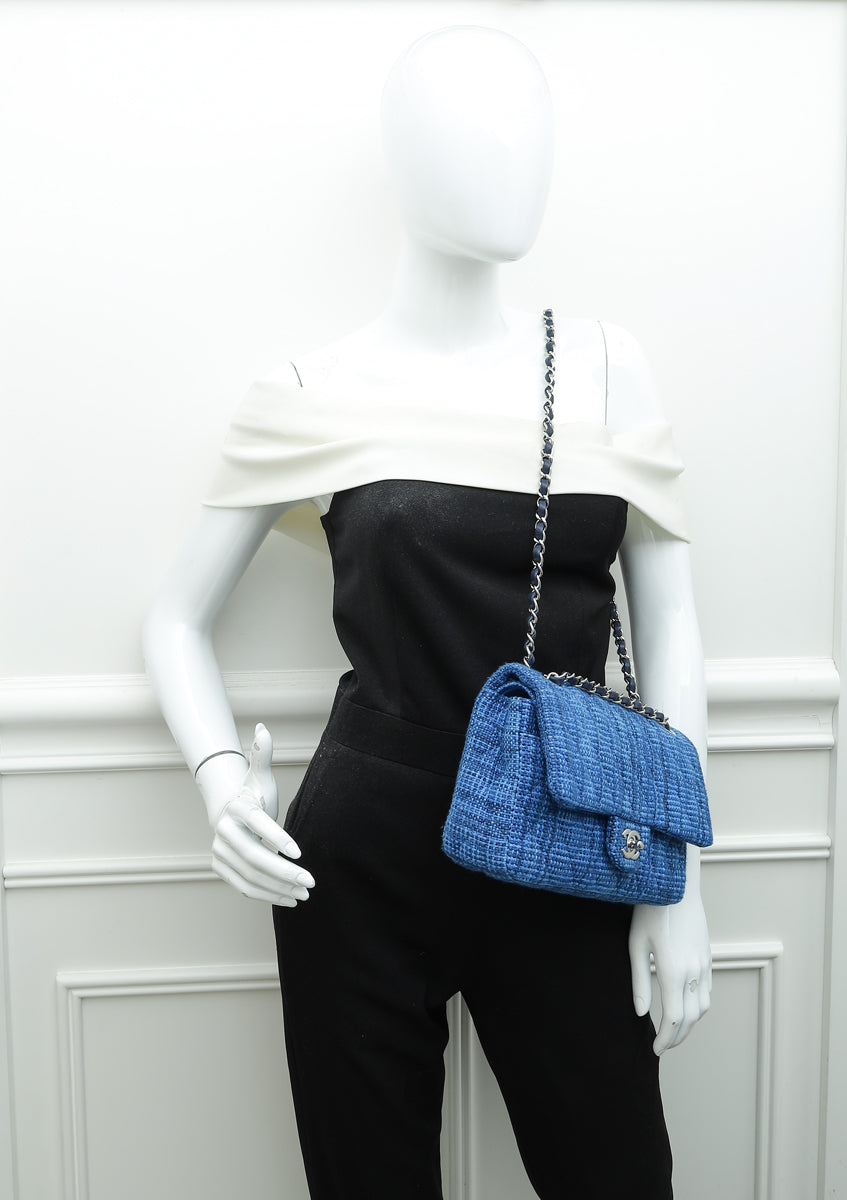 Chanel Blue Tweed Classic Double Flap Medium Bag – THE CLOSET Chanel Blue Tweed Classic Double Flap Medium Bag – THE CLOSET