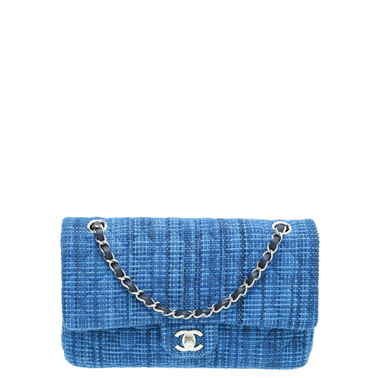 Chanel Blue Tweed Classic Double Flap Medium Bag