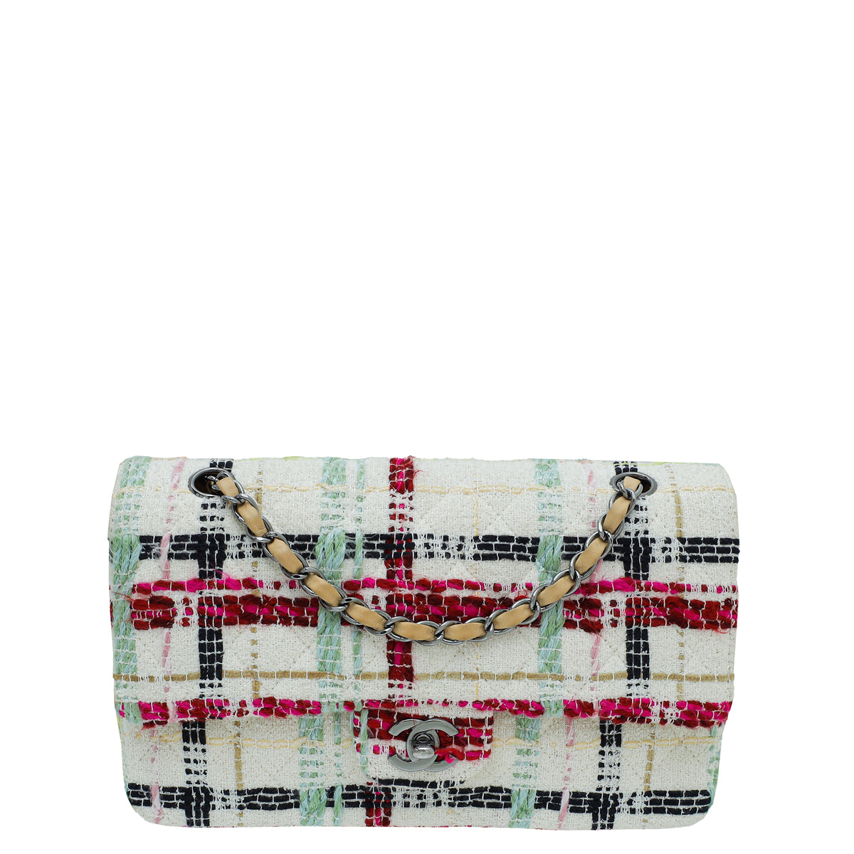 Chanel White Multicolor CC Classic Tweed Double Flap Medium Bag