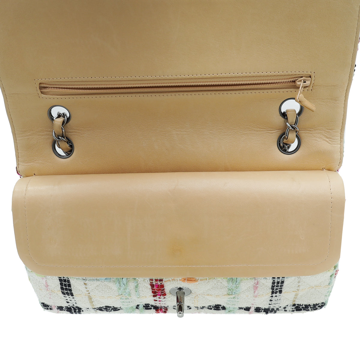 Chanel White Multicolor CC Classic Tweed Double Flap Medium Bag