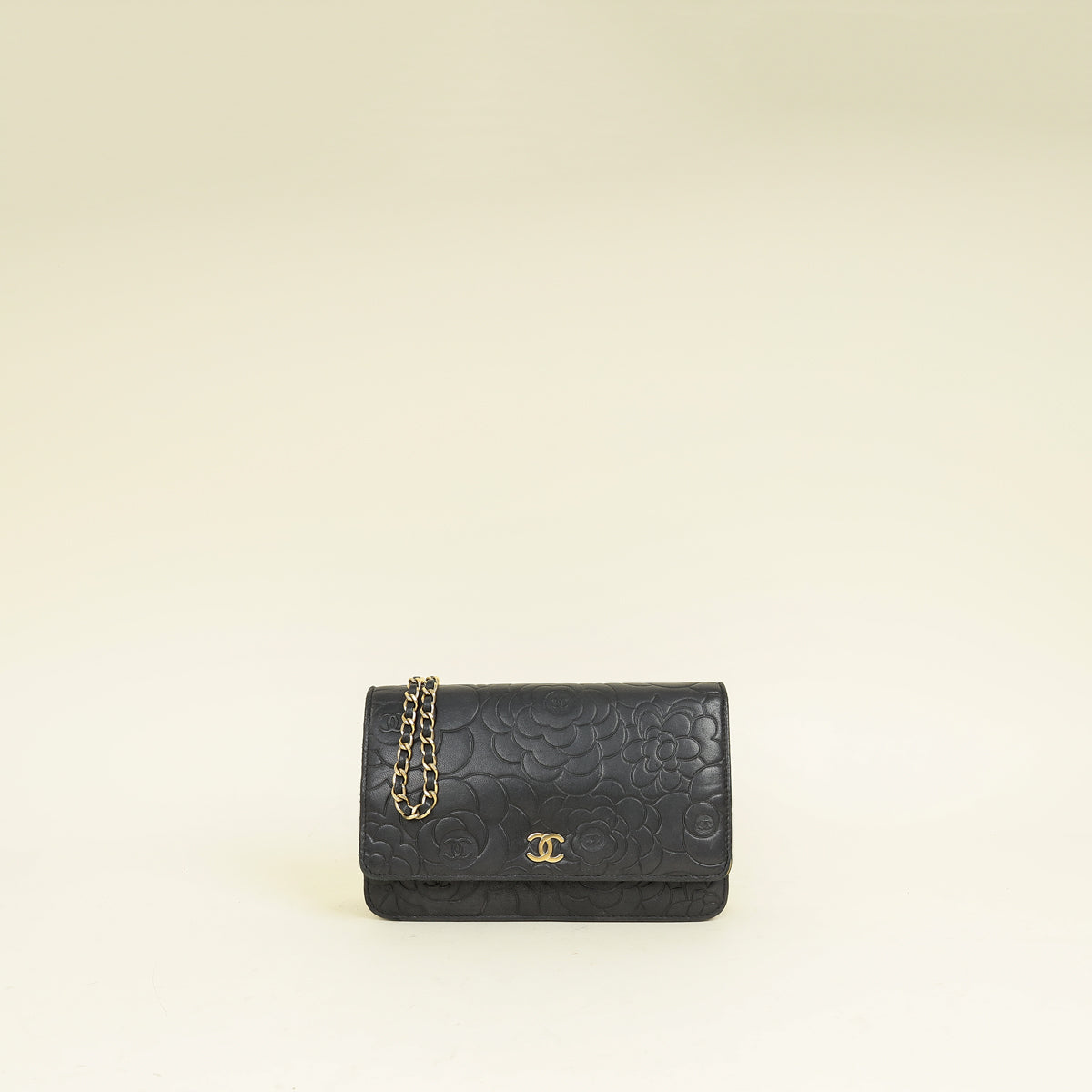 Chanel Black CC Camellia Flower Embossed Wallet On Chain