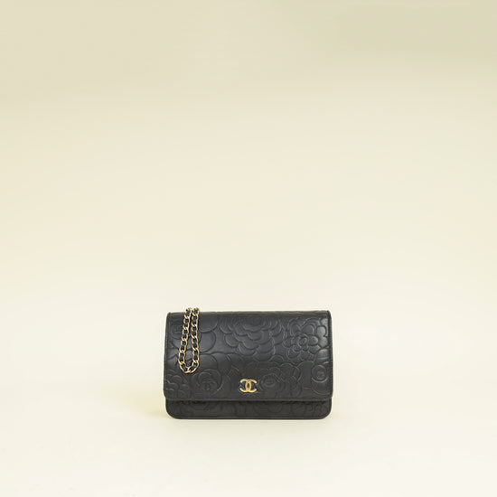 Chanel Black CC Camellia Flower Embossed Wallet On Chain