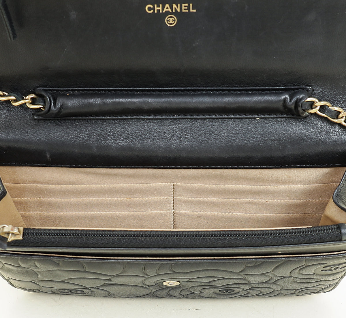 Chanel Black CC Camellia Flower Embossed Wallet On Chain