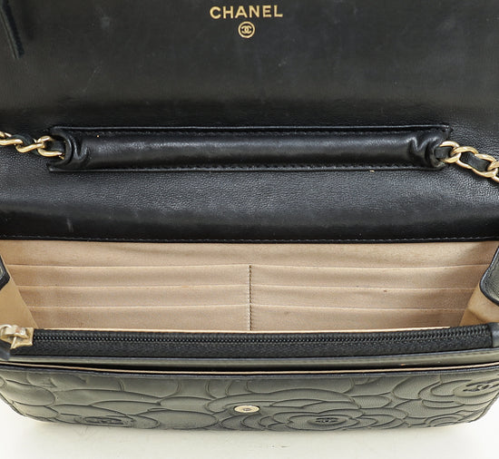 Chanel Black CC Camellia Flower Embossed Wallet On Chain
