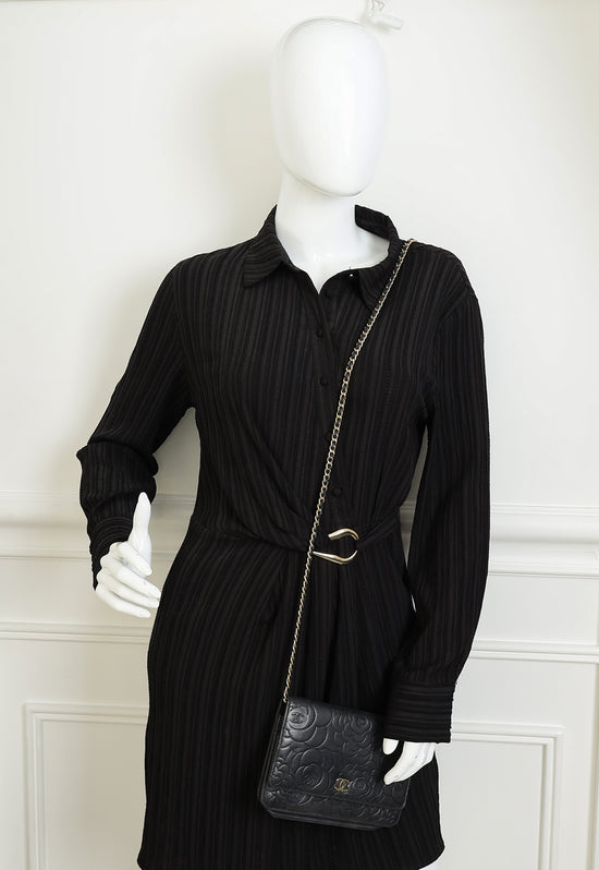 Chanel Black CC Camellia Flower Embossed Wallet On Chain