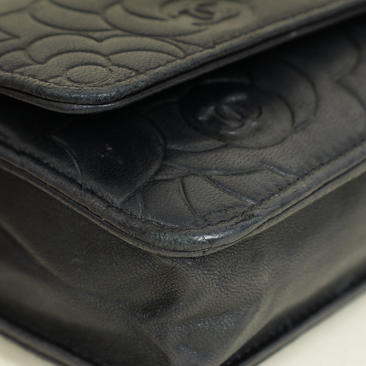 Chanel Black CC Camellia Flower Embossed Wallet On Chain