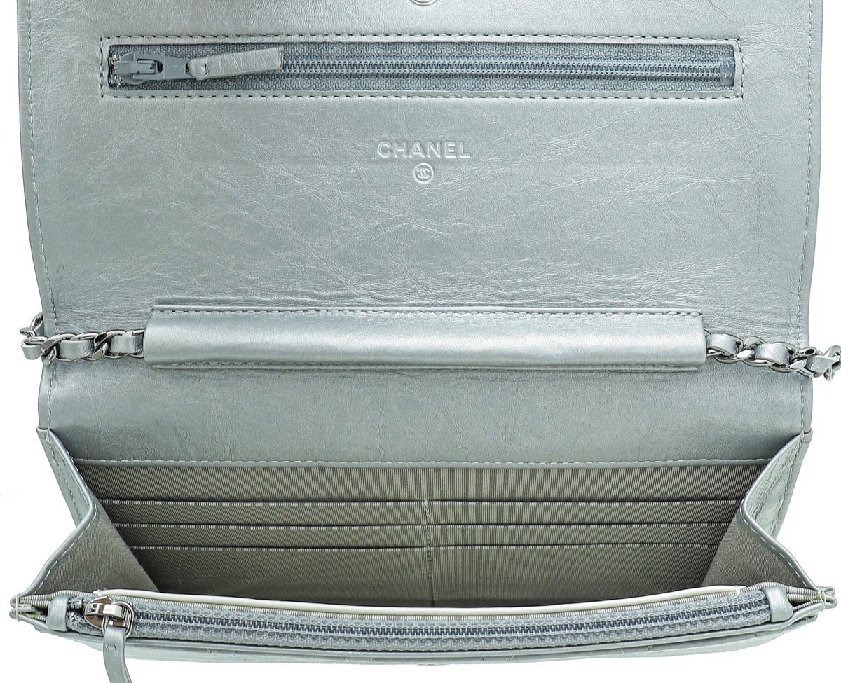 Chanel Metallic Grey CC Aged Wallet On Chain