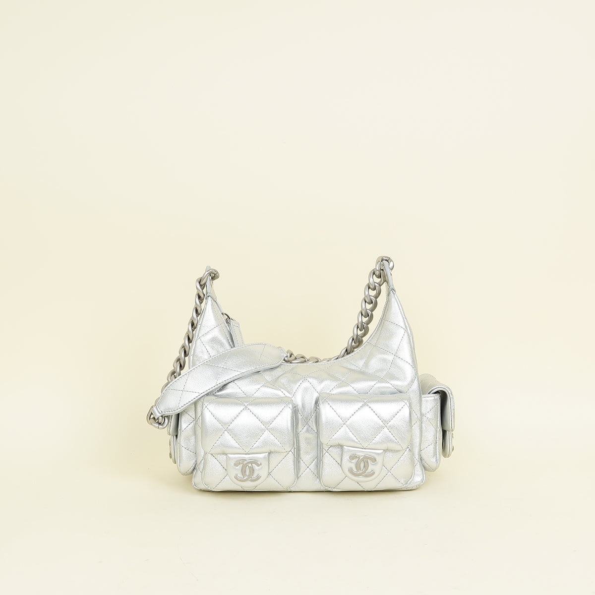 Chanel Metallic Silver CC Quilted Trendy Pockets Hobo Large Bag