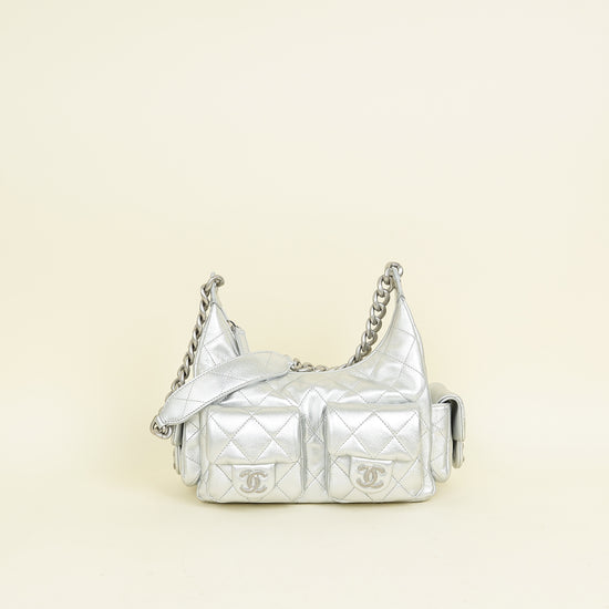 Chanel Metallic Silver CC Quilted Trendy Pockets Hobo Large Bag