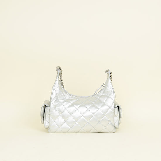 Chanel Metallic Silver CC Quilted Trendy Pockets Hobo Large Bag